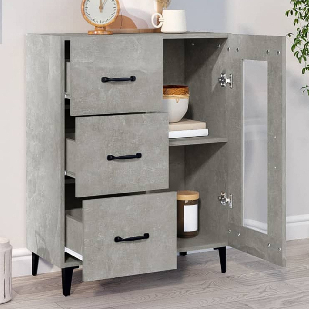 vidaXL Single Glass Door 3 Drawer Concrete Grey Wooden Sideboard Image 1