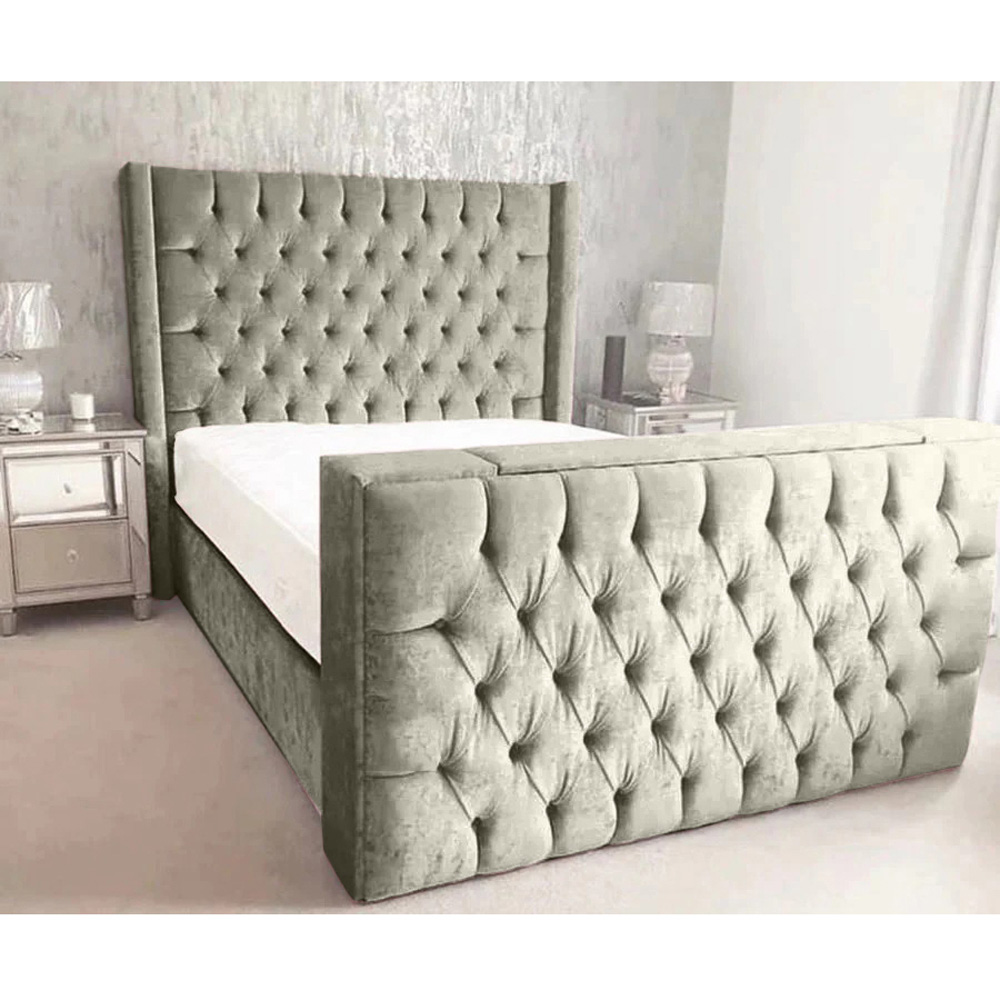 Eleganza Home Lokie Double Grey Plush TV Bed Frame with Headboard and Footboard Image 2