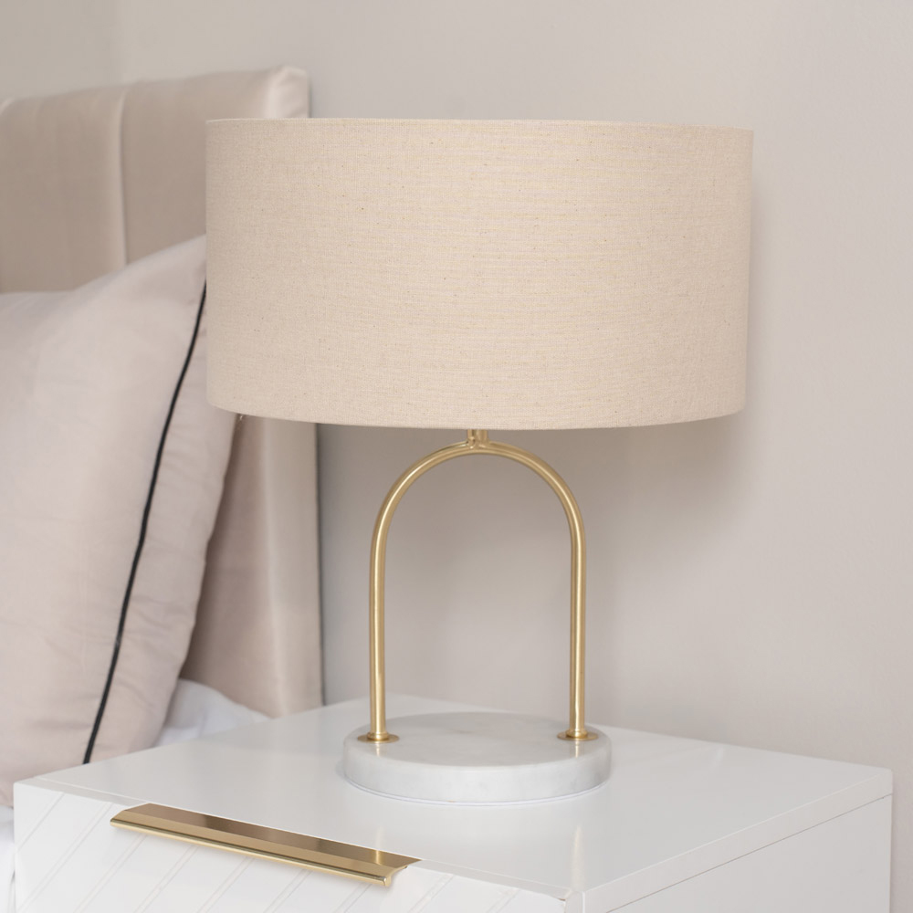 ValueLights Rachel Natural Lamp Shade Brushed Gold Arch Marble Base LED Table Lamp Image 3