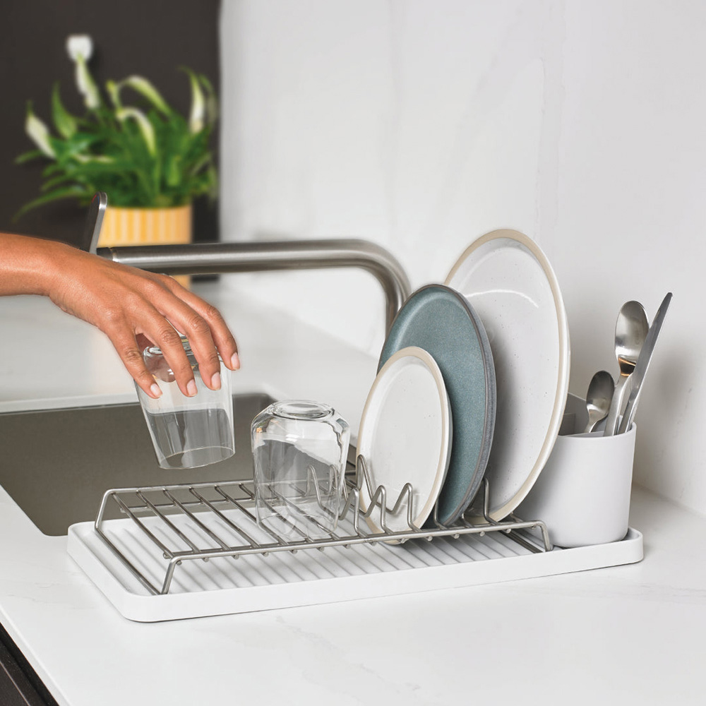 ReBorn Stone Effect Compact Kitchen Draining Rack with Cutlery Holder Image 6
