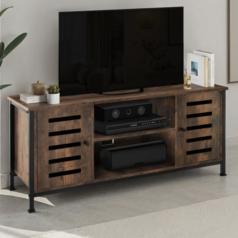 Tectake Carlow 2 Door 2 Shelf Rustic Dark Wood TV Stand Image 1