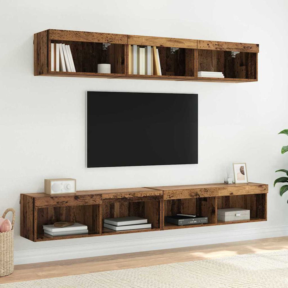 vidaXL 2 Shelf Old Wood Wall Mounted Wide TV Cabinet with LED Light 2 Pack Image 6