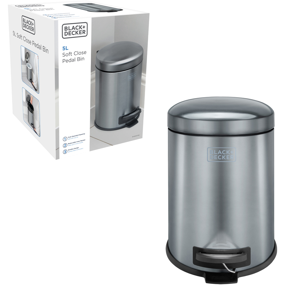 Black + Decker Dark Stainless Steel Dome Lid Pedal Bin 5L Image 2