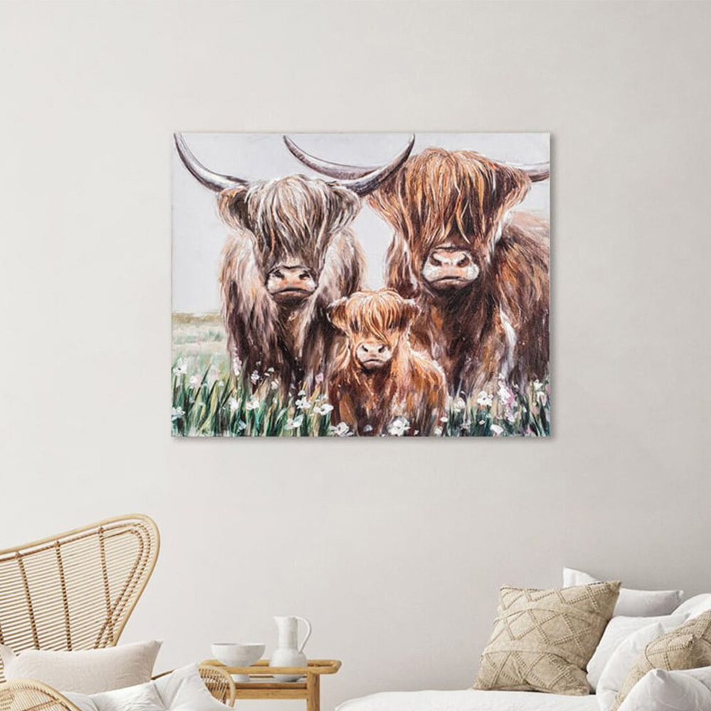 Hand Painted Highland Cow Family Canvas - Multicolour Image 6