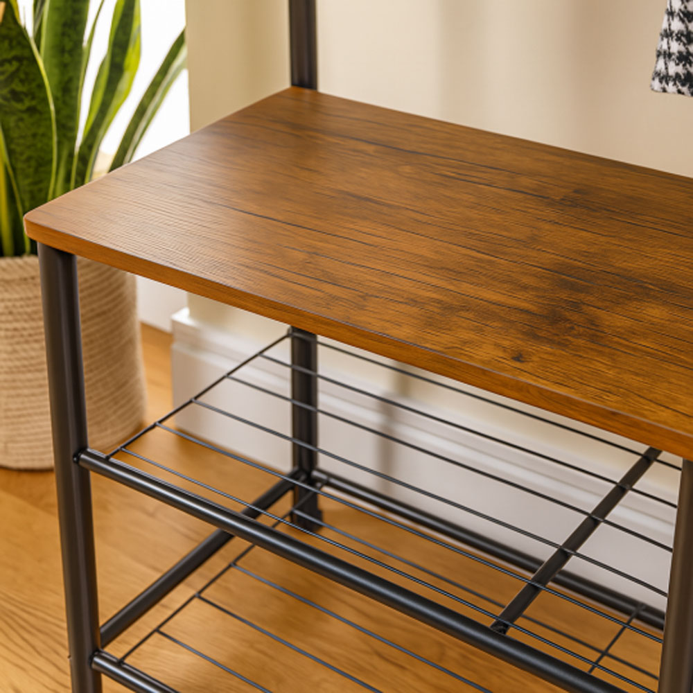Harbour Housewares 2 Shelf 9 Hook Black and Brown Square Steel Coat Rack with Shoe Storage Bench Image 6