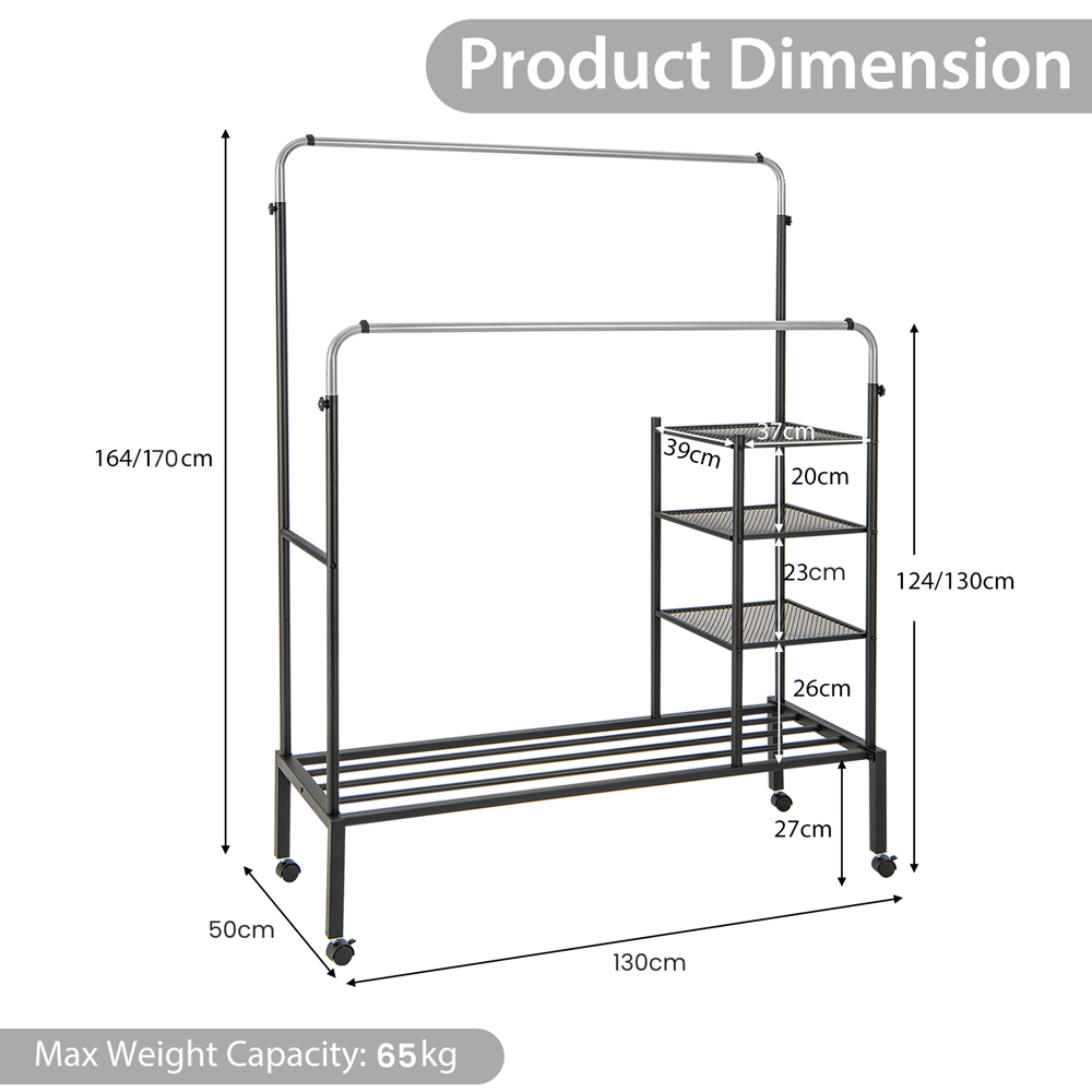 Costway 4 Shelf 2 Hanging Bars Black and Silver Rolling Clothes Rack Image 9