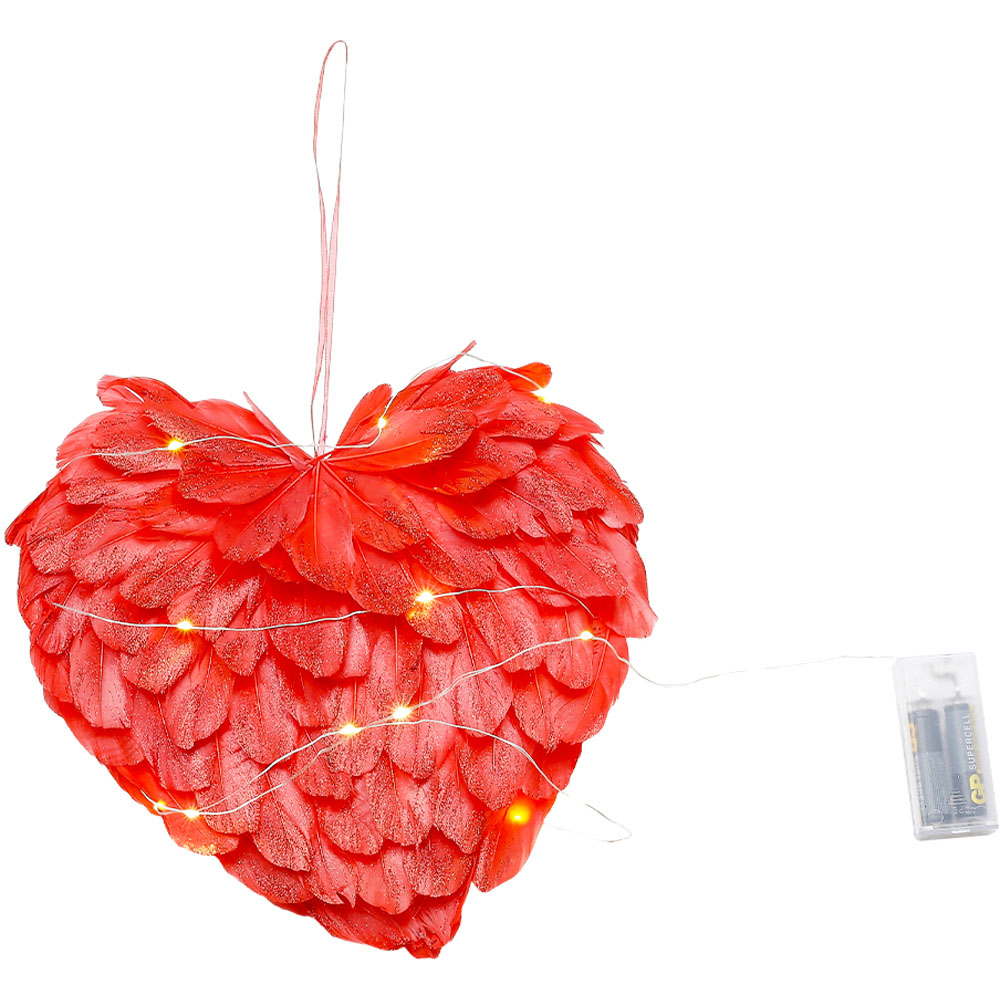 Living and Home Warm White LED Red Feather Heart Shaped Hanging Decoration 25cm Image 3
