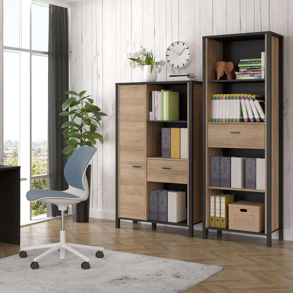 Florence High Rock Single Door Single Drawer Black and Riviera Oak Wide Bookcase Image 7