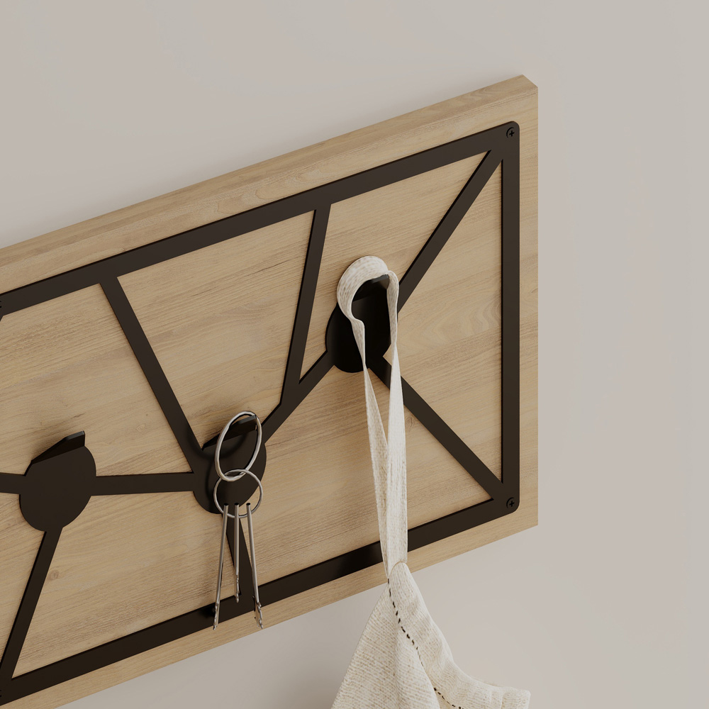 Decortie Trace Sapphire Oak Wall Hanger with Geometric Metal Hooks Image 3