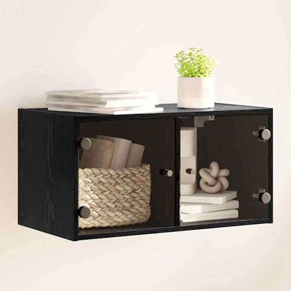 vidaXL 2 Glass Door Black Oak Wall Cabinet Image 1