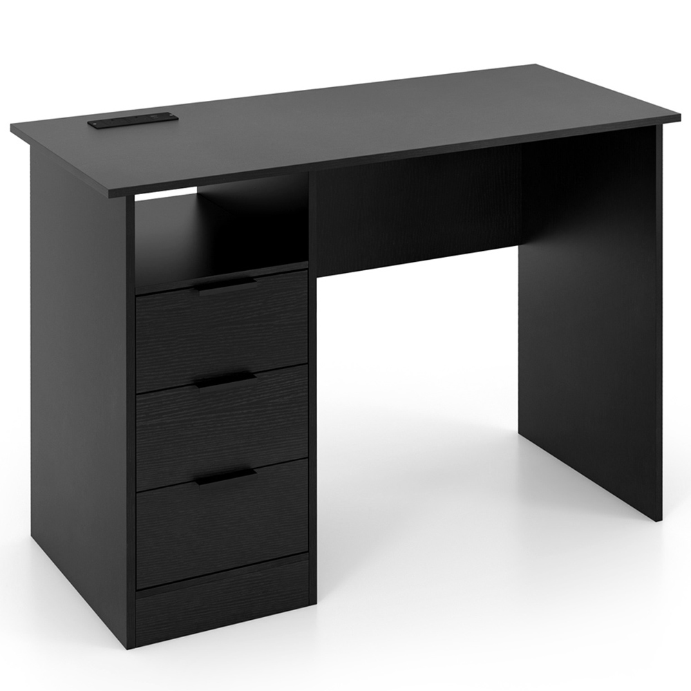 Costway 3 Drawer Single Shelf Black Home Office Desk with Power Outlet Image 2
