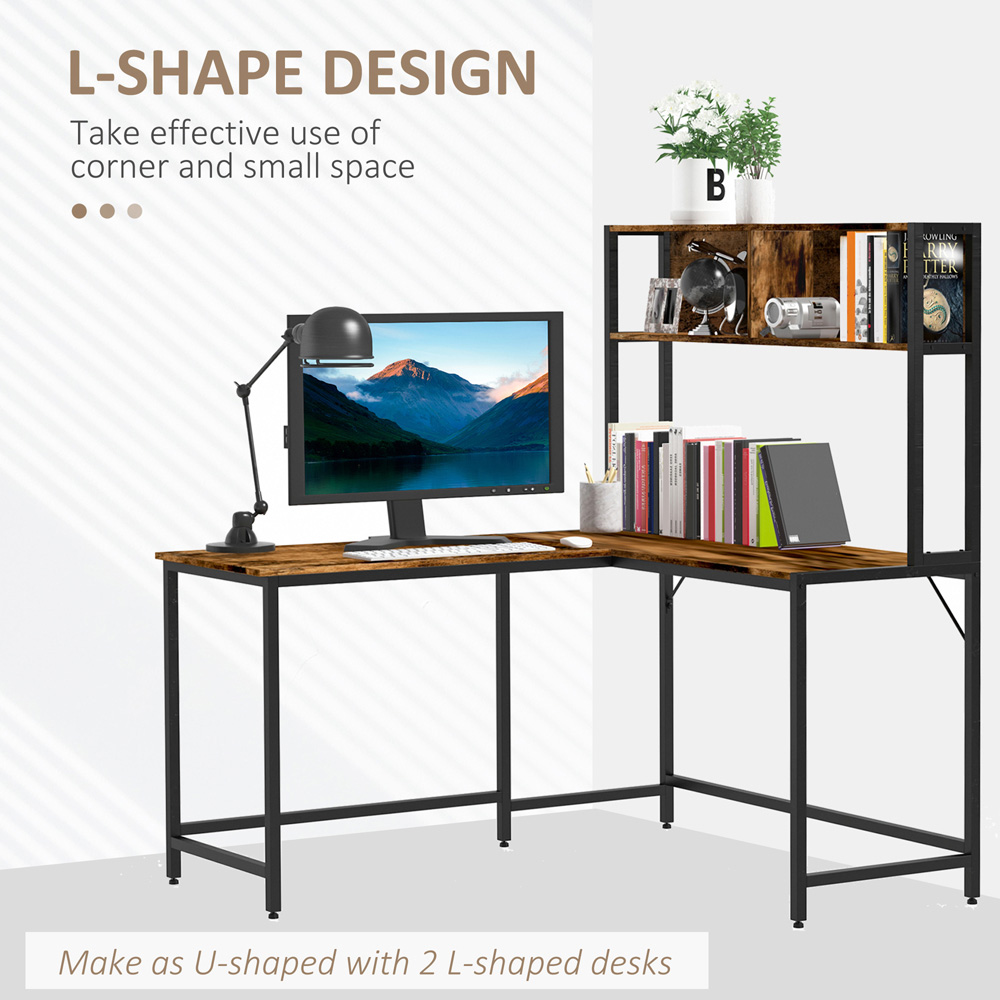 Portland 2 Shelf Industrial L-Shaped Corner Work Desk with Adjustable Feet Brown and Black Image 4