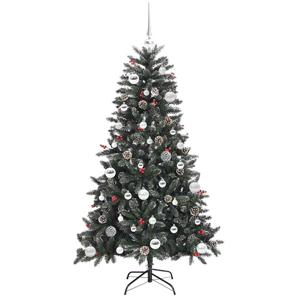 vidaXL Pre-Lit Silver Bauble Pinecones Berries Green Snow Flocked Artificial Christmas Tree 5ft Image 2