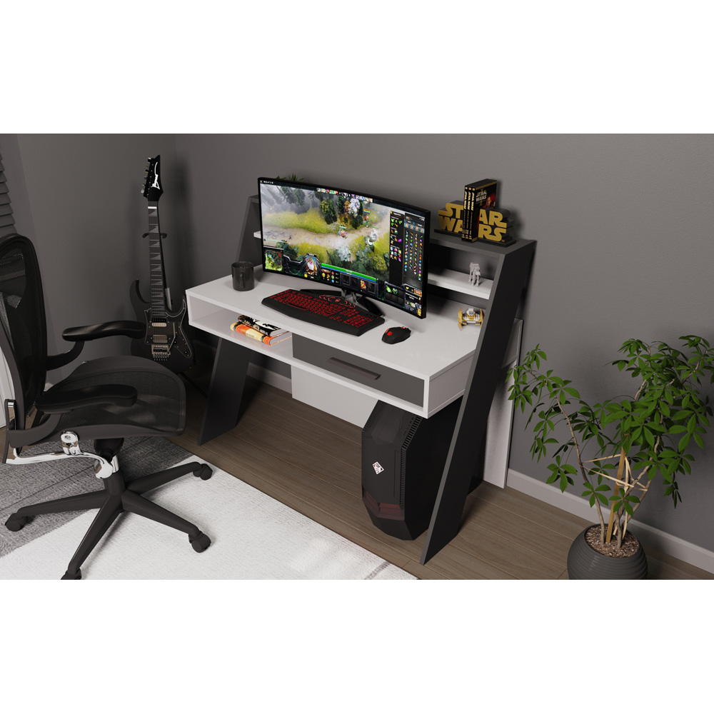 Decorotika Soho Single Drawer 5 Shelf Computer Desk White and Anthracite Image 4