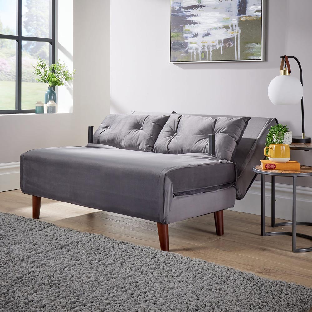 Home Source Morella 2 Seater Grey Velvet Folding Sofa Bed with Pillow Image 6