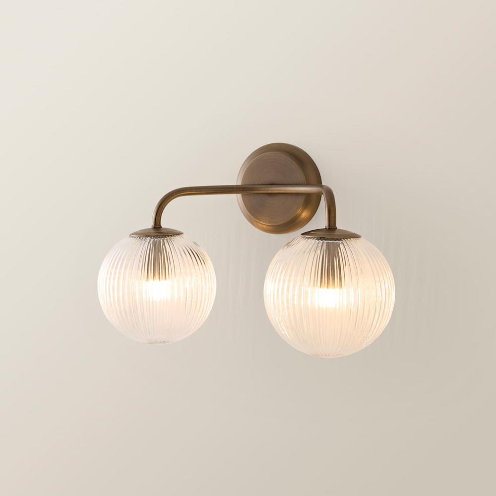 ValueLights Kempton 2 Arm Ribbed Glass Globe Brushed Brass LED Wall Light with Bulb Image 4
