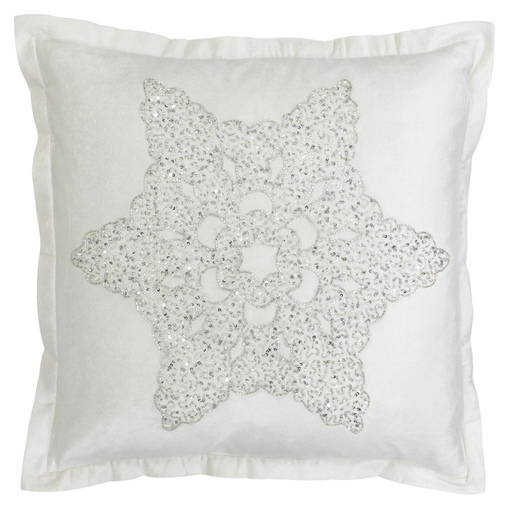 Paoletti Wonderland White Snowflake Embroidered Cushion Image 1