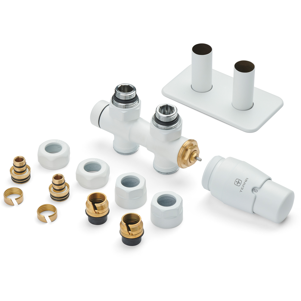 Terma Vario Sparkling Matt White Twins Straight Integrated Thermostatic Radiator Valve Set 50mm Image 2