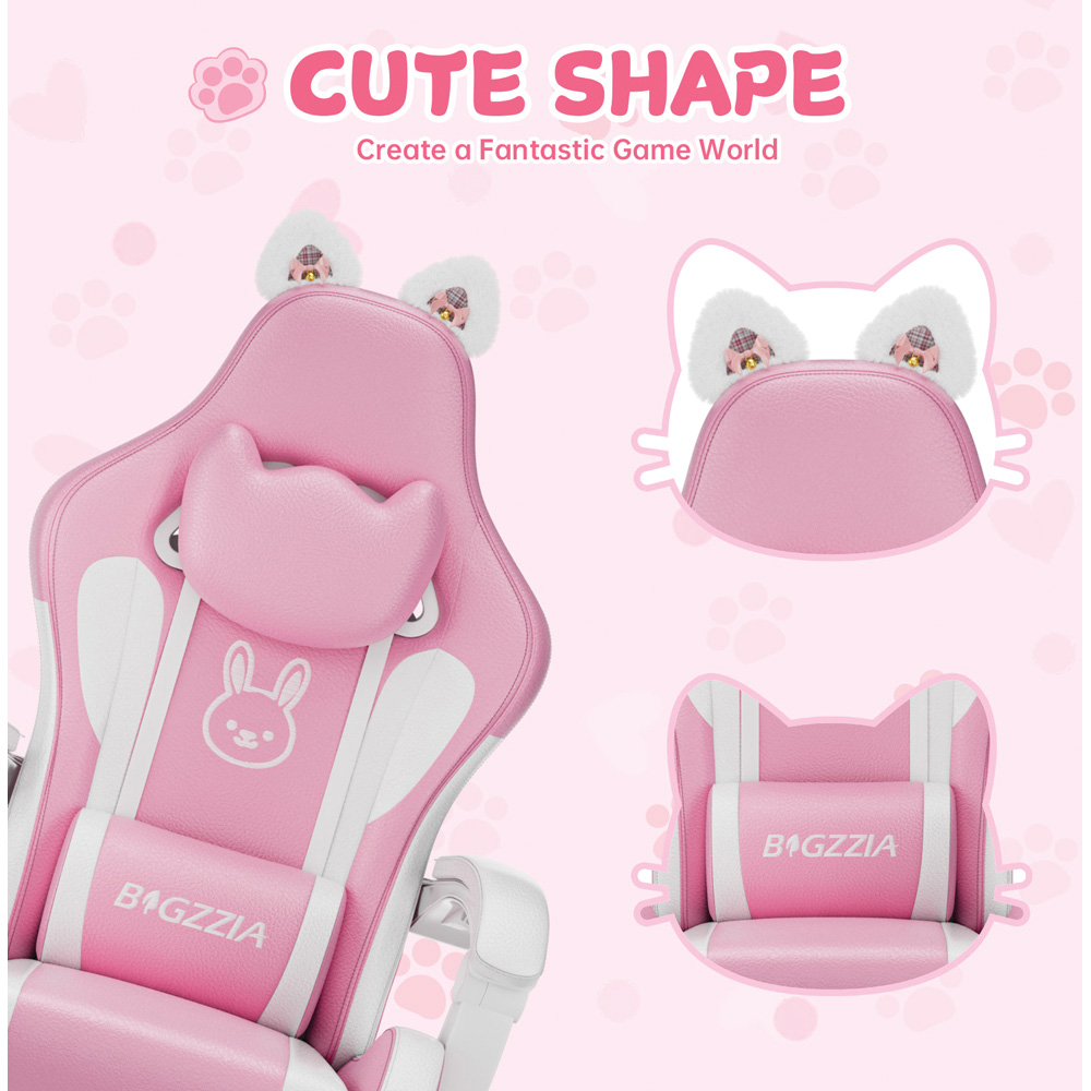 Rattrix Pink Cat Ears Gaming Chair with Massage Lumbar Support and Footrest Image 6