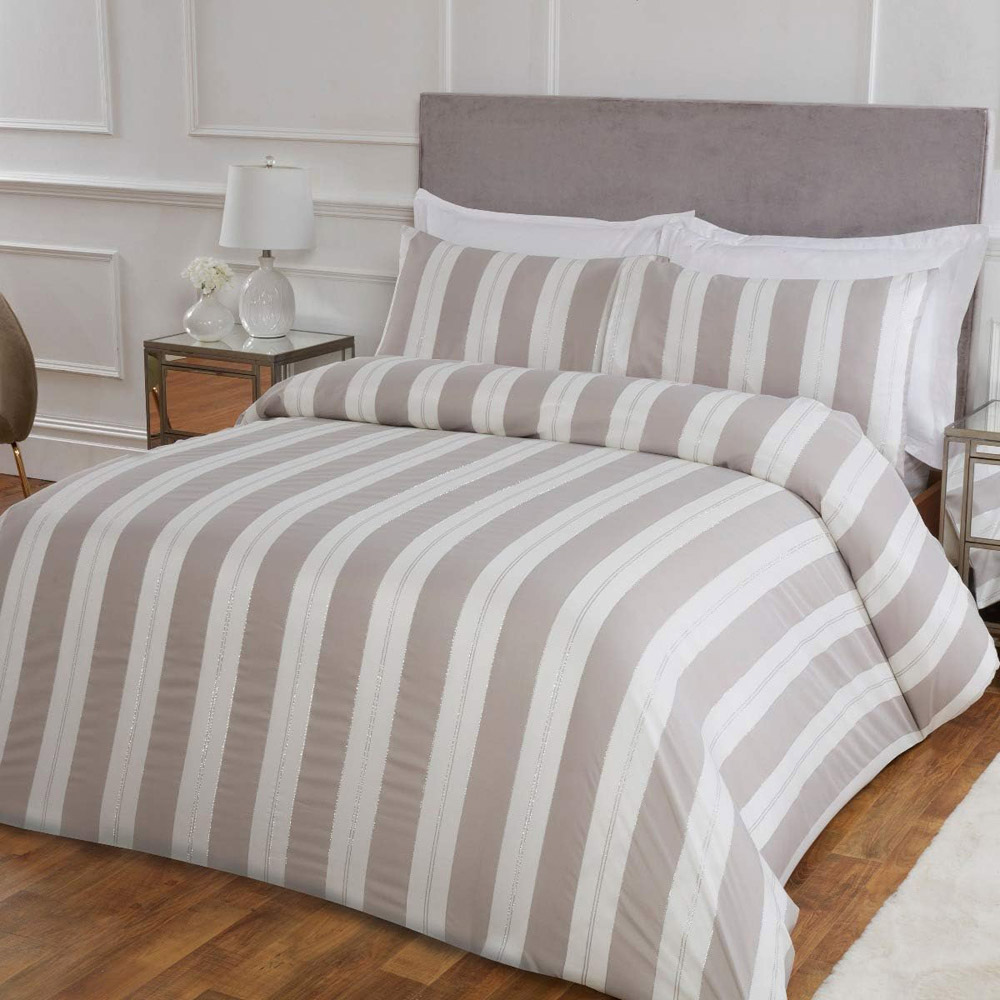 Smart Living King Size White and Mink Lurex Stripe Jacquard Duvet Cover Set Image 1
