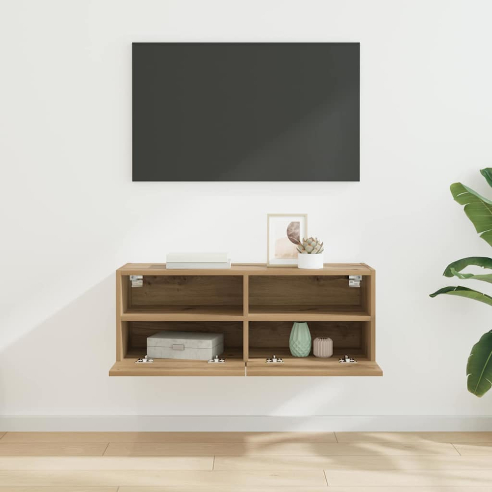 vidaXL 2 Door 2 Shelf Artisan Oak Wide Wall Mounted TV Unit Image 9