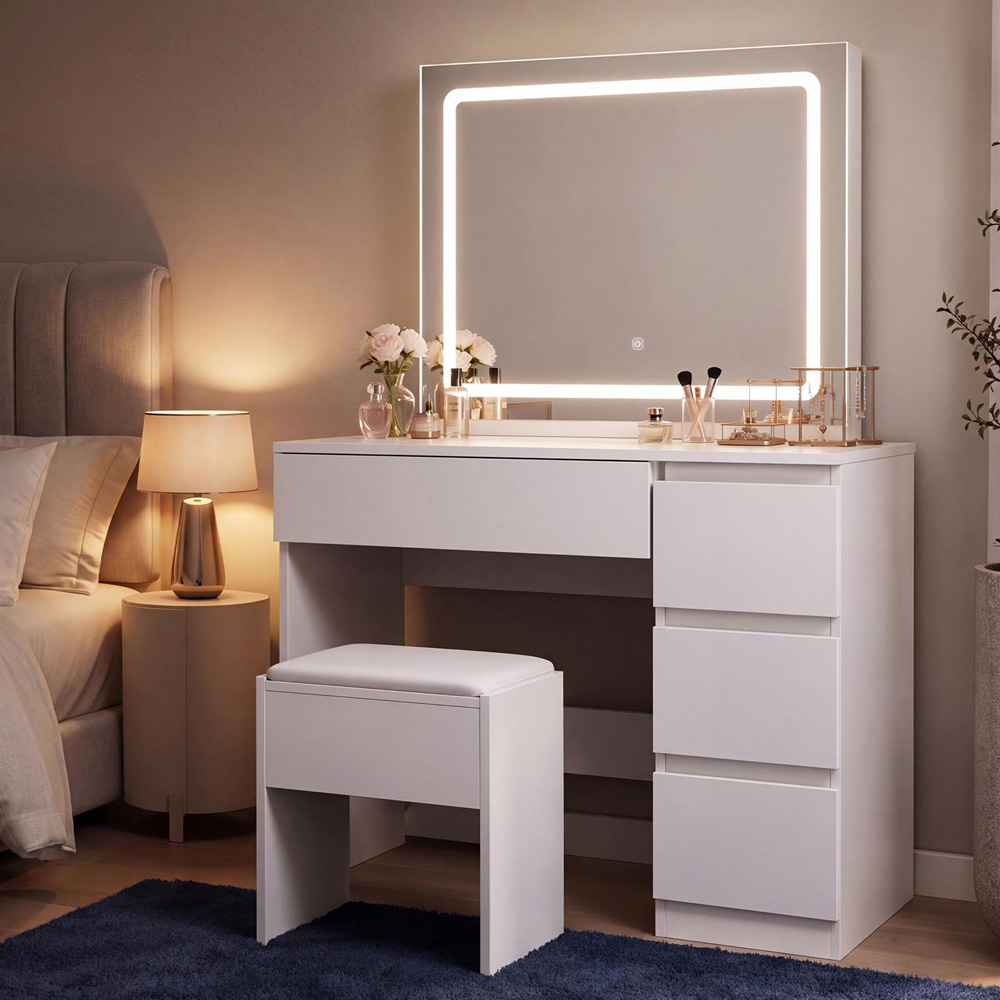 Portland 4 Drawer White Dressing Table Set with LED Mirror Image 1
