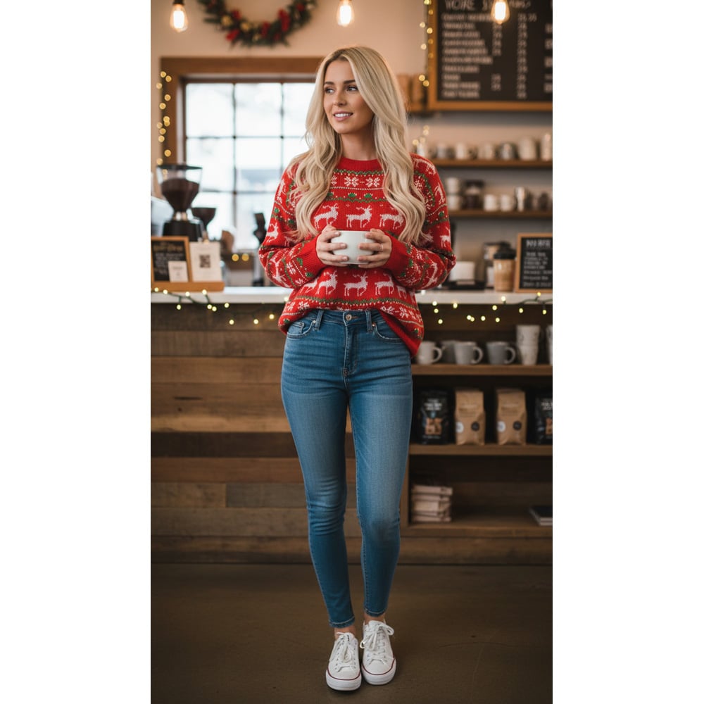 Noel Square Unisex Reindeer and Snowflake Xmas Jumper Medium Nordic Red Image 2