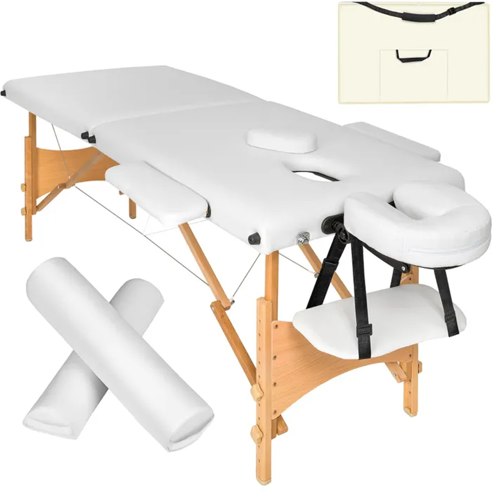 Massage Table - 2-zones with wooden frame, bolsters, carry bag, head and armrests - White Image 1