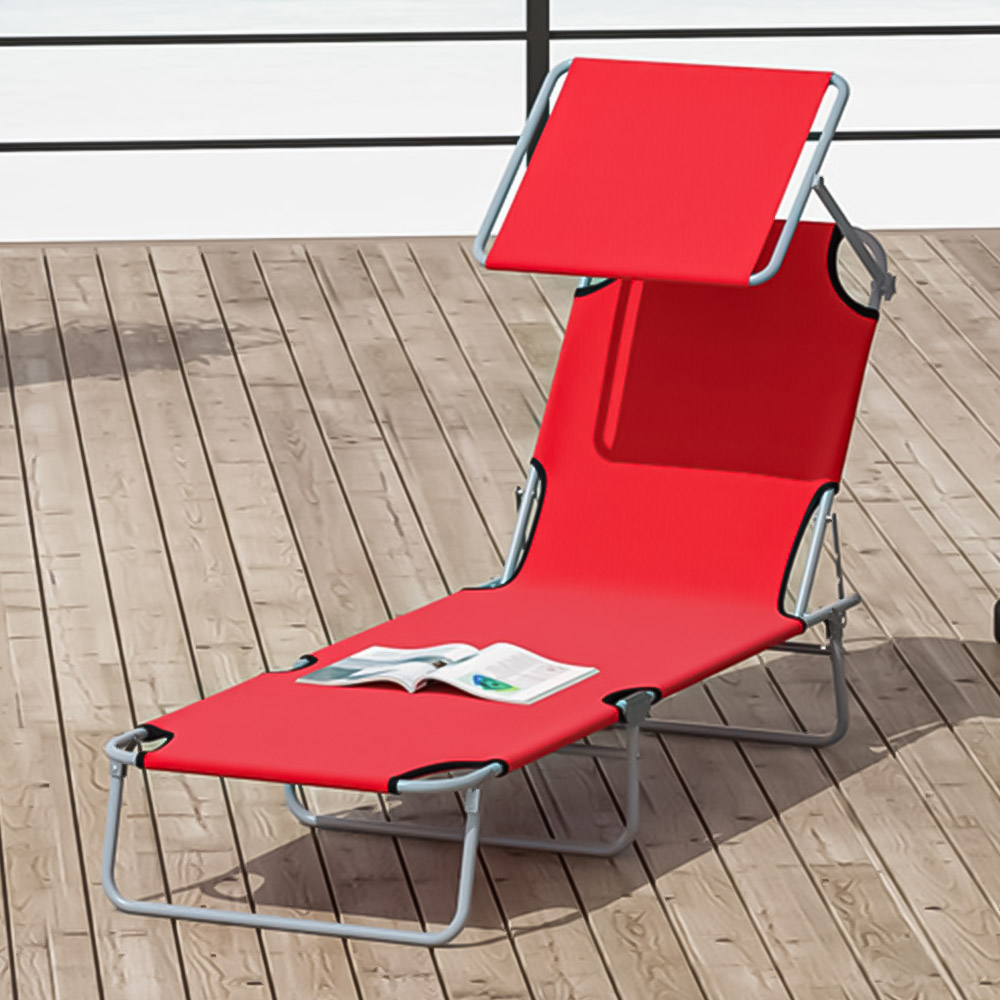 Outsunny Red Adjustable Folding Sun Lounger with Awning Image 1