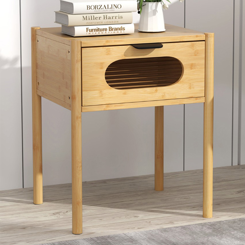 Costway Single Drawer Natural Farmhouse Bedside Table Image 1
