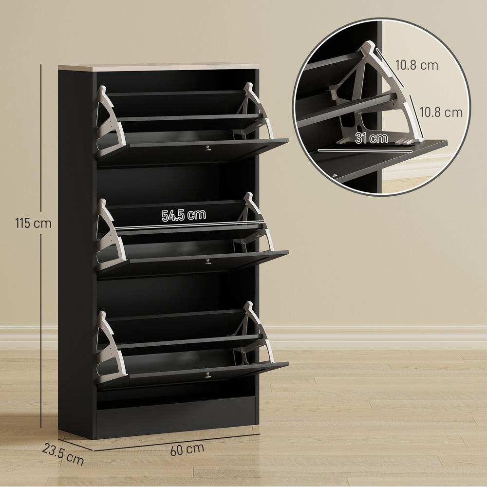 Portland 3 Flip Drawer Black Narrow Shoe Cabinet Image 9