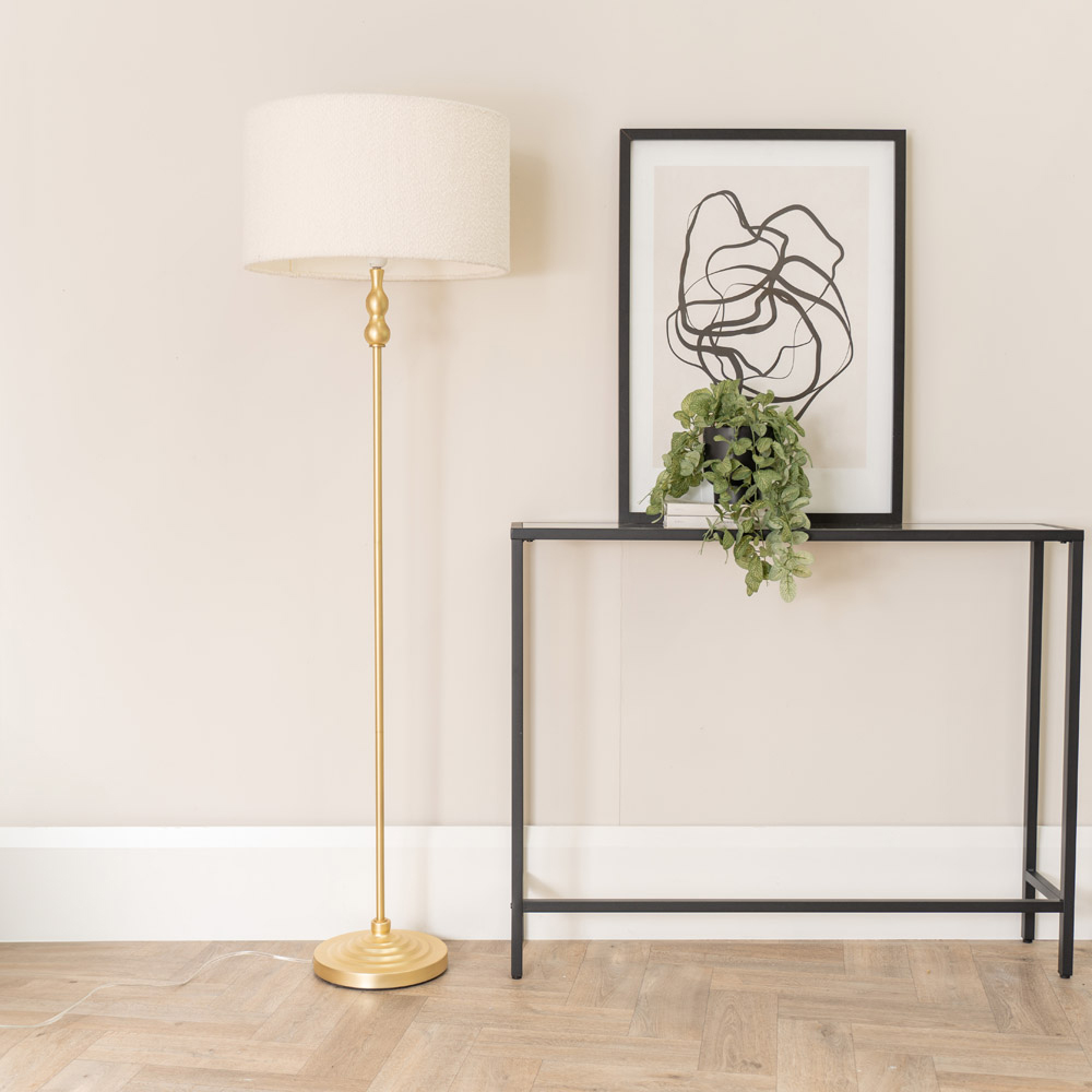 ValueLights Maggie Cream Boucle and Gold Drum Shade Candlestick LED Floor Lamp Image 3