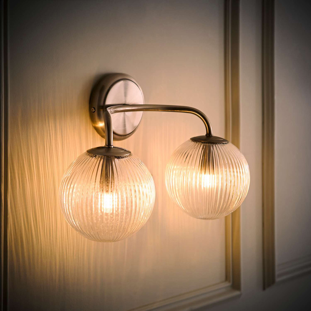 ValueLights Kempton 2 Arm Ribbed Glass Globe Brushed Chrome LED Wall Light with Bulb Image 2