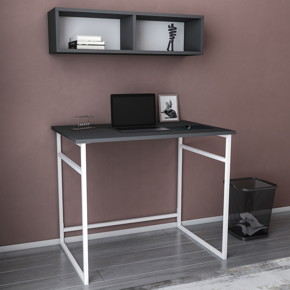 Decorotika Hussum Computer Desk with 2 Section Wall Shelf White and Anthracite Image 1