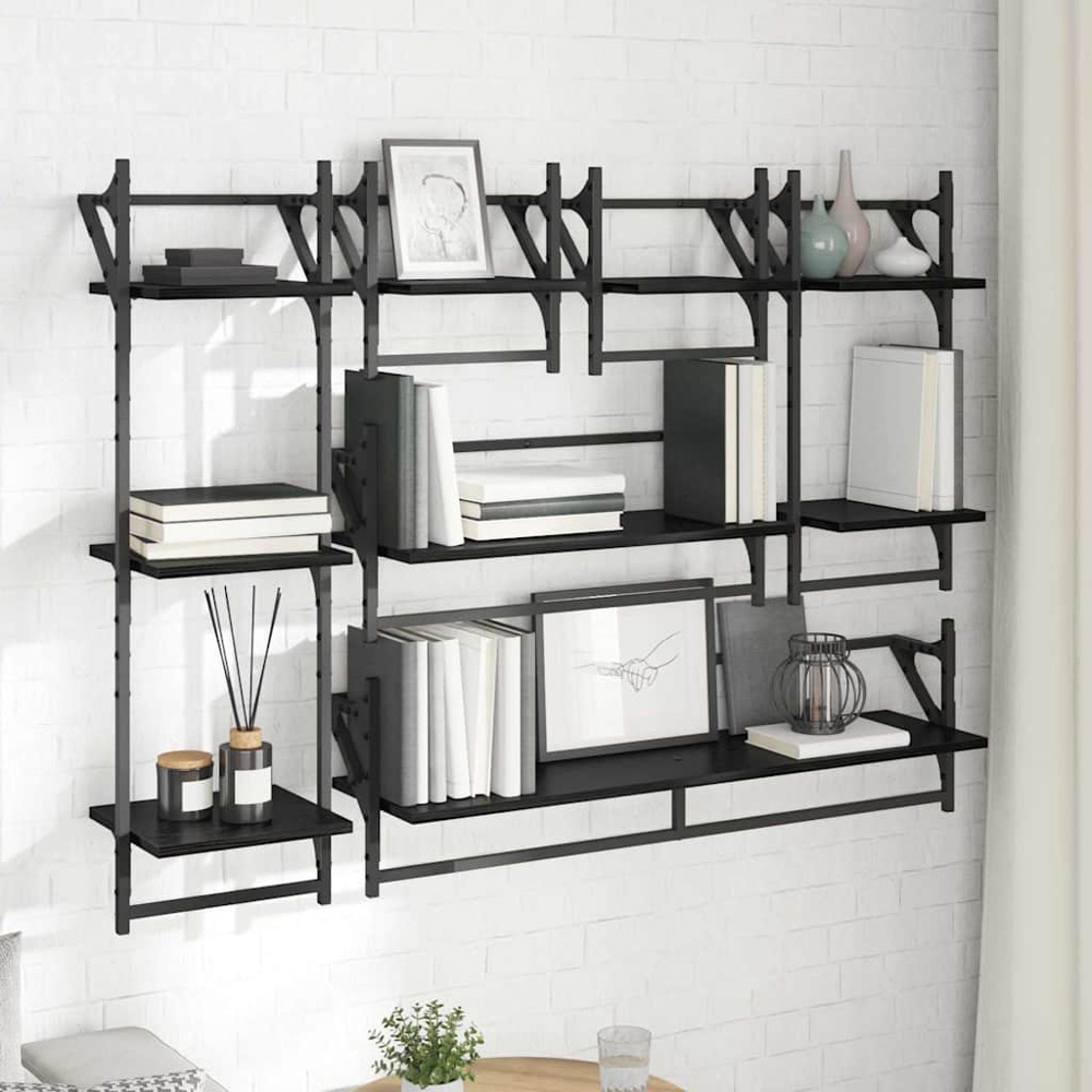 vidaXL 9 Shelf Black Oak Wall Shelf Set of 6 Image 2