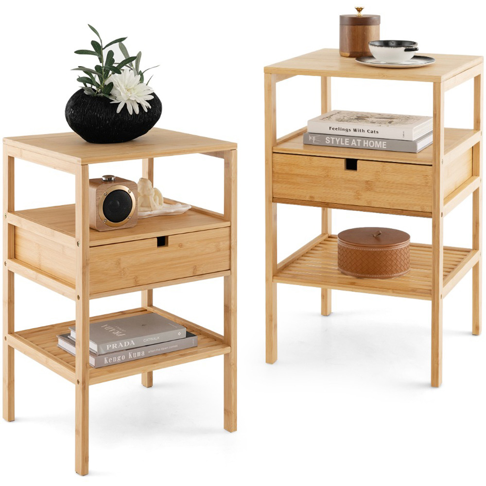 Costway Single Drawer 2 Shelf Natural Bamboo Nightstand Image 2