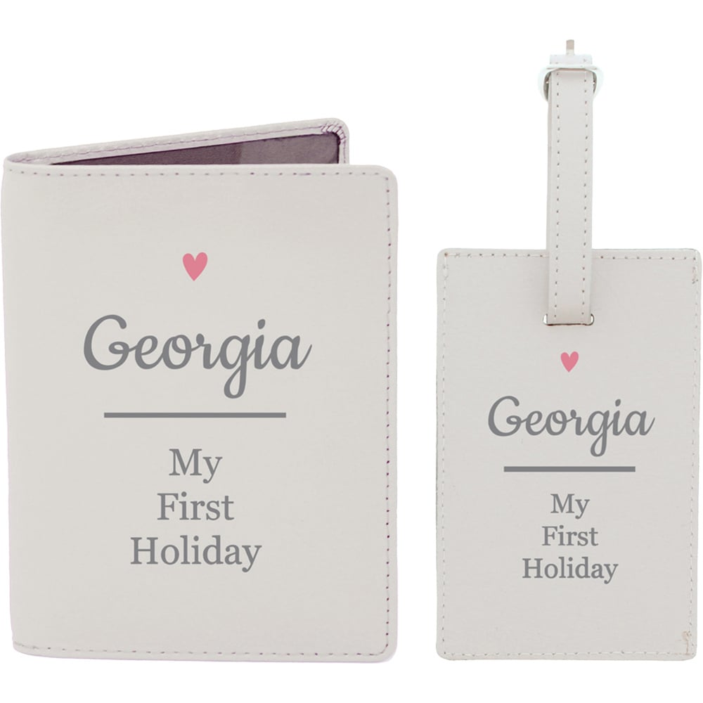 Personalised Memento Pink Heart Cream Passport Holder and Luggage Tag Set Image 1