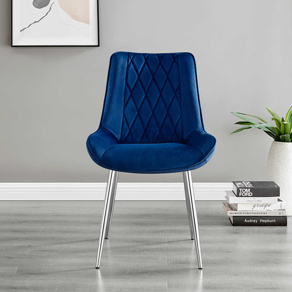 Furniturebox Cesano Set of 2 Navy Blue and Chrome Velvet Dining Chair Image 6