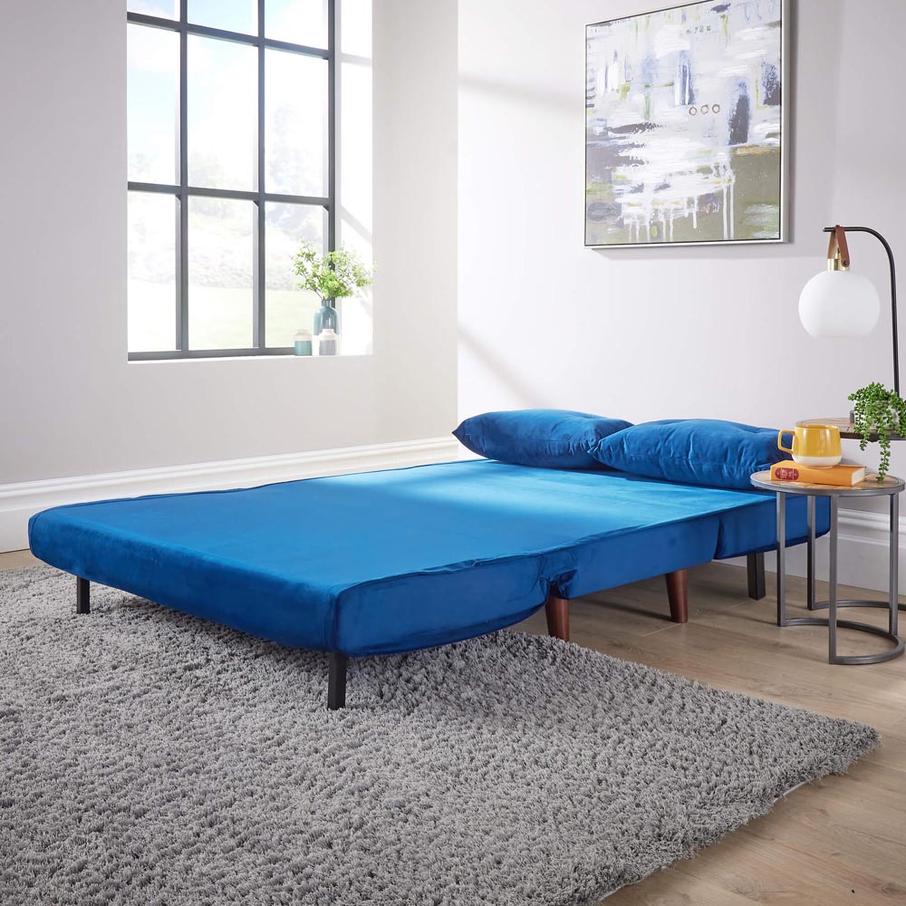 Home Source Morella 2 Seater Blue Velvet Folding Sofa Bed with Pillow Image 6