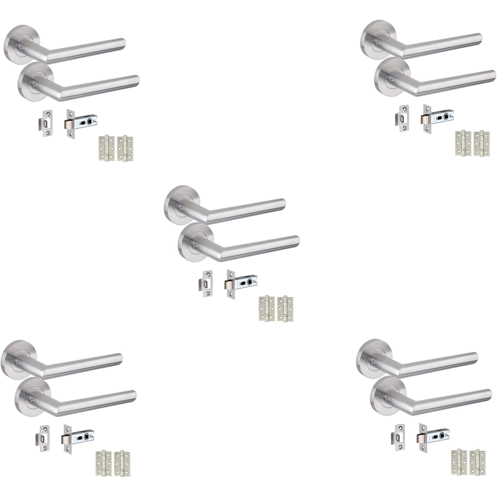 Golden Grace Mitred Satin Nickel Door Handle Pair with Tubular Latch and Hinges 52mm 5 Pack Image 1