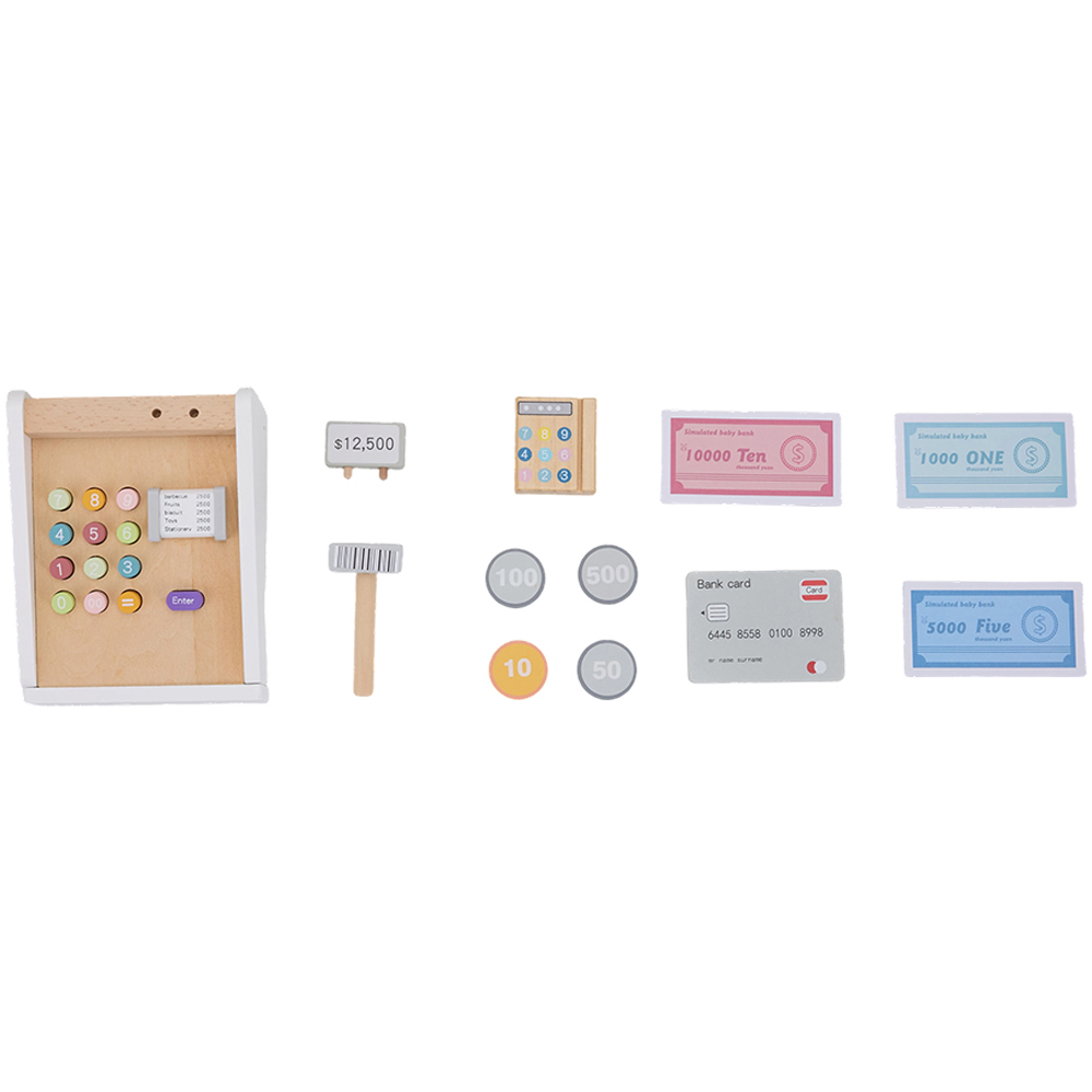 H&O Direct Kids Wooden Cash Register Toy Pretend Play Set with Money Scanner and Card Machine Image 2
