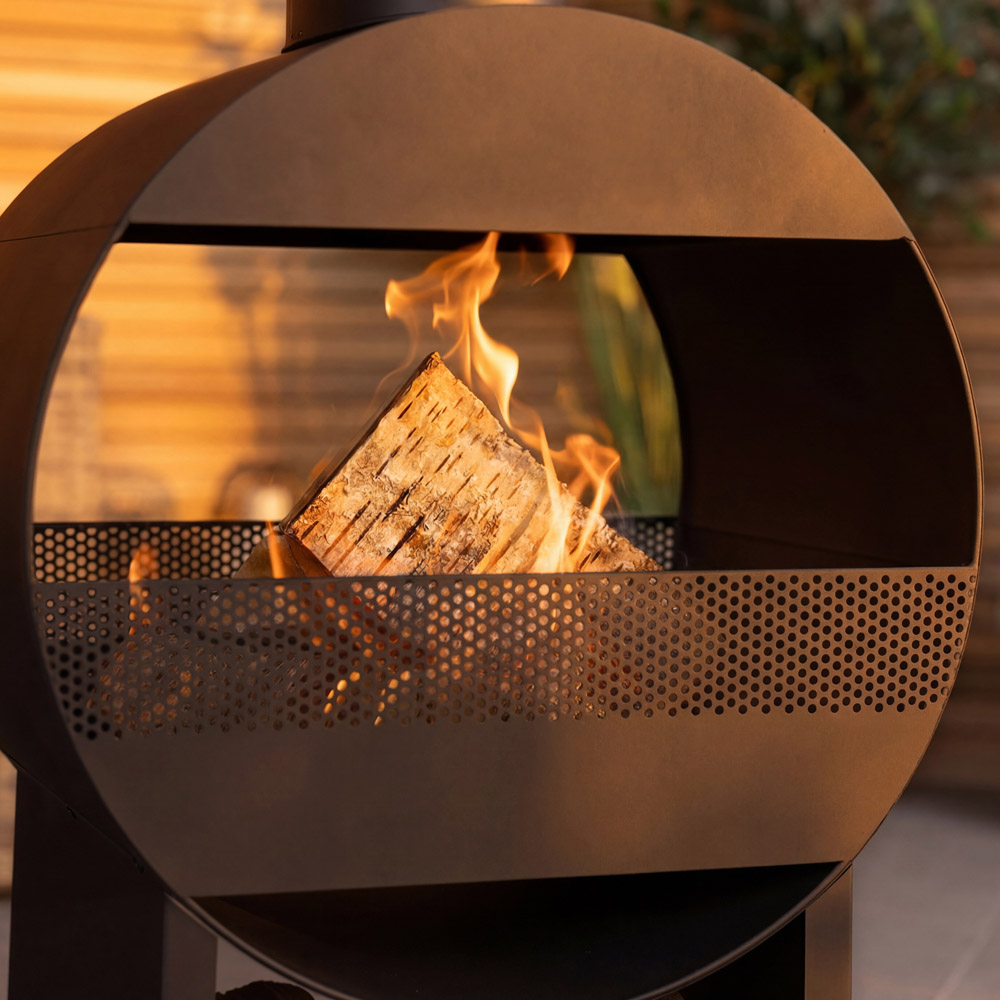 Charles Bentley Snug Sao Paul Black Powder Coated Steel Modern Chimenea with Poker and Log Storage Image 7
