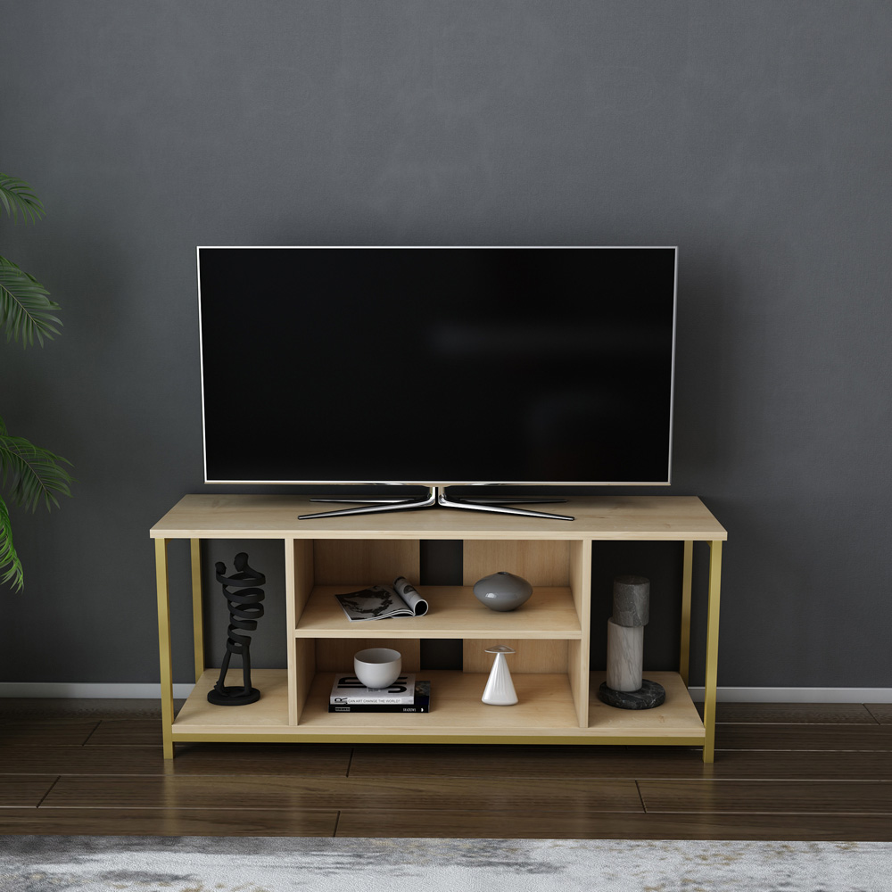 Decorotika Rinaldo 4 Open Shelf Gold and Oak Wide TV Unit Image 4