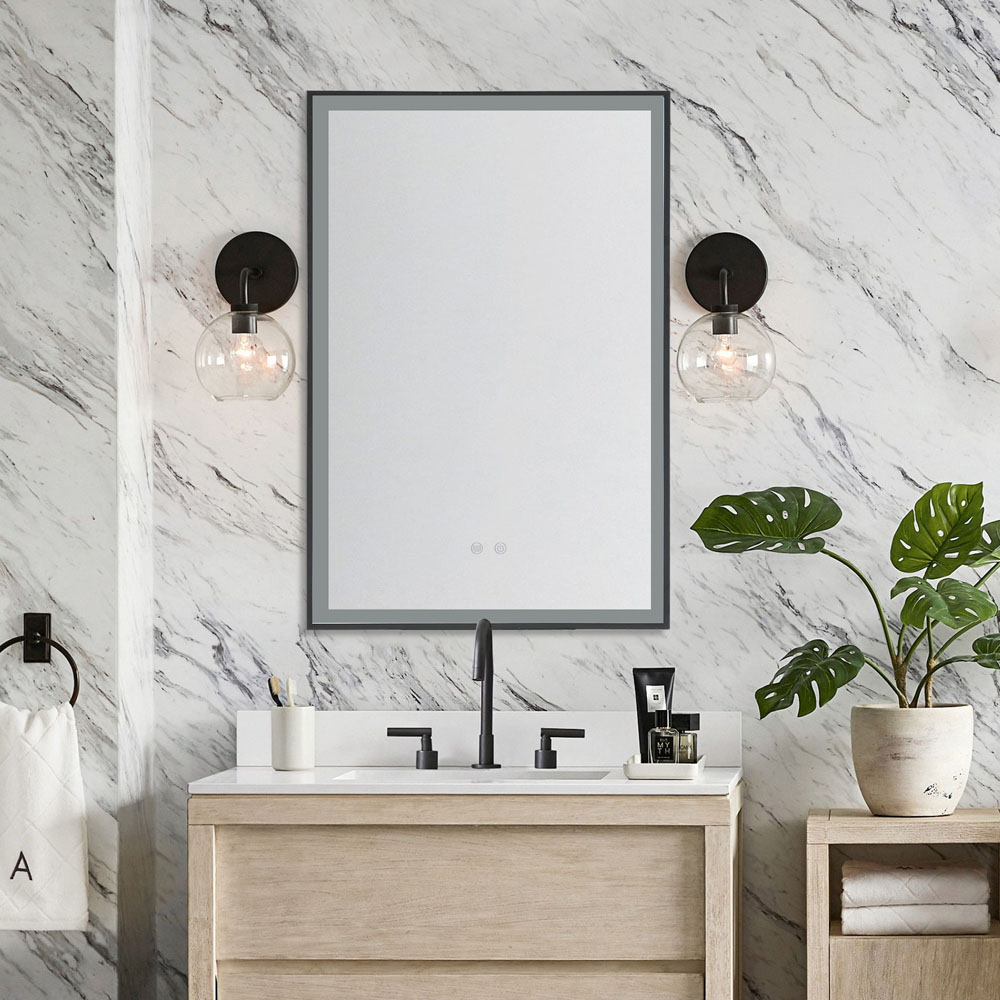 Living and Home Black Rectangular Metal Frame Anti Fog LED Wall Mirror with Touch Sensor Image 2
