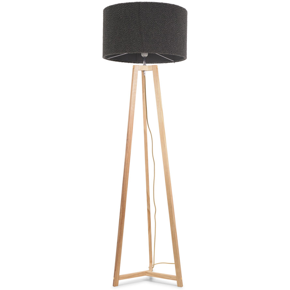 ValueLights Lottie Charcoal Boucle Drum Shade Natural Wood Tripod LED Floor Lamp Image 1