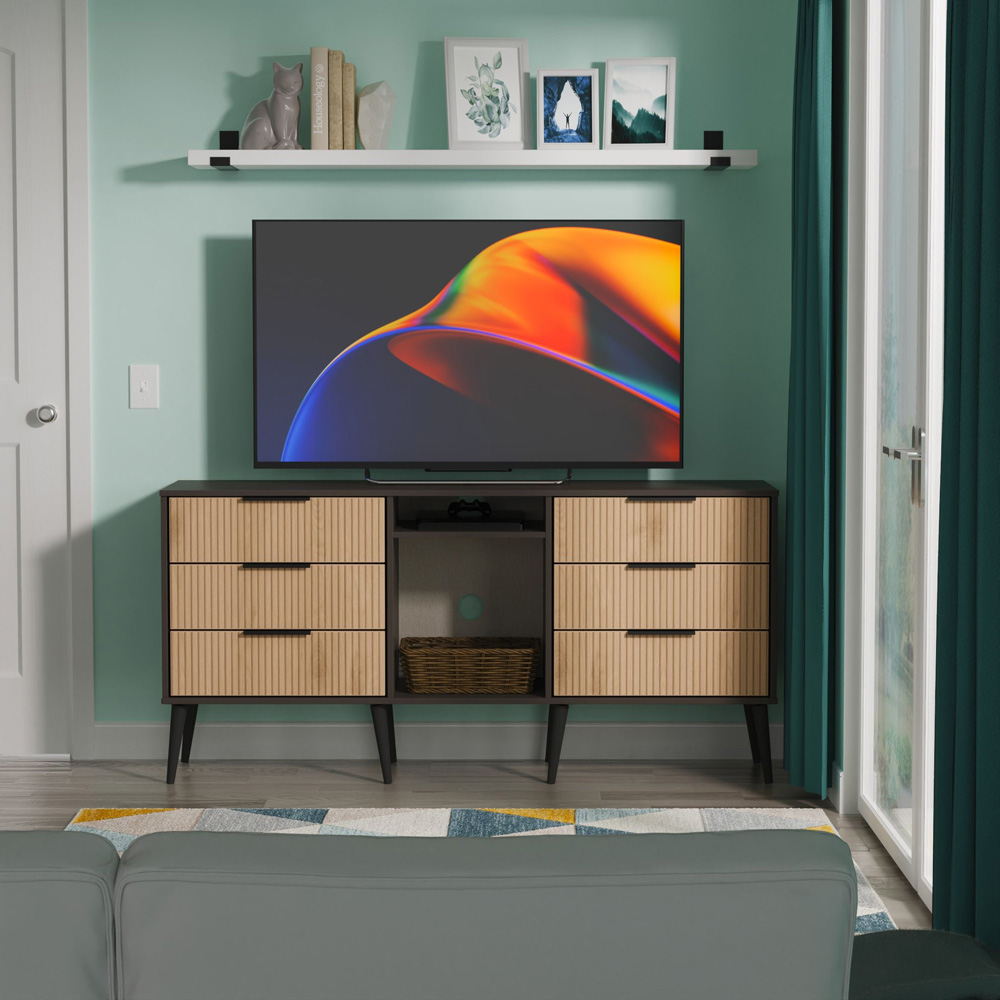 Crowndale Hong Kong 6 Drawer Slatt Effect and Graphite Wide TV Sideboard Ready Assembled Image 7