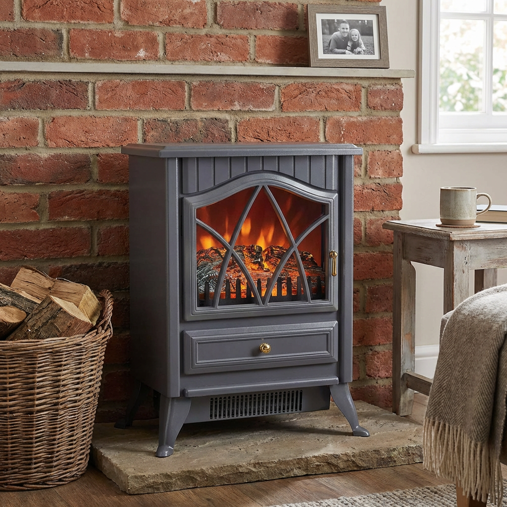 Grey Freestanding Log Effect Stove Fireplace Heaters Image 4