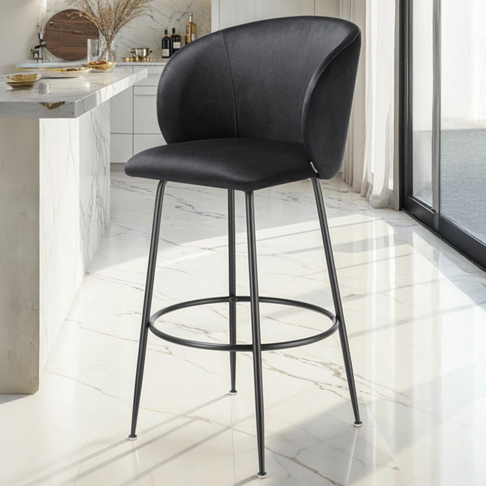 tectake Luana Black Velvet Look Padded Bar Stool Set of 4 Image 1
