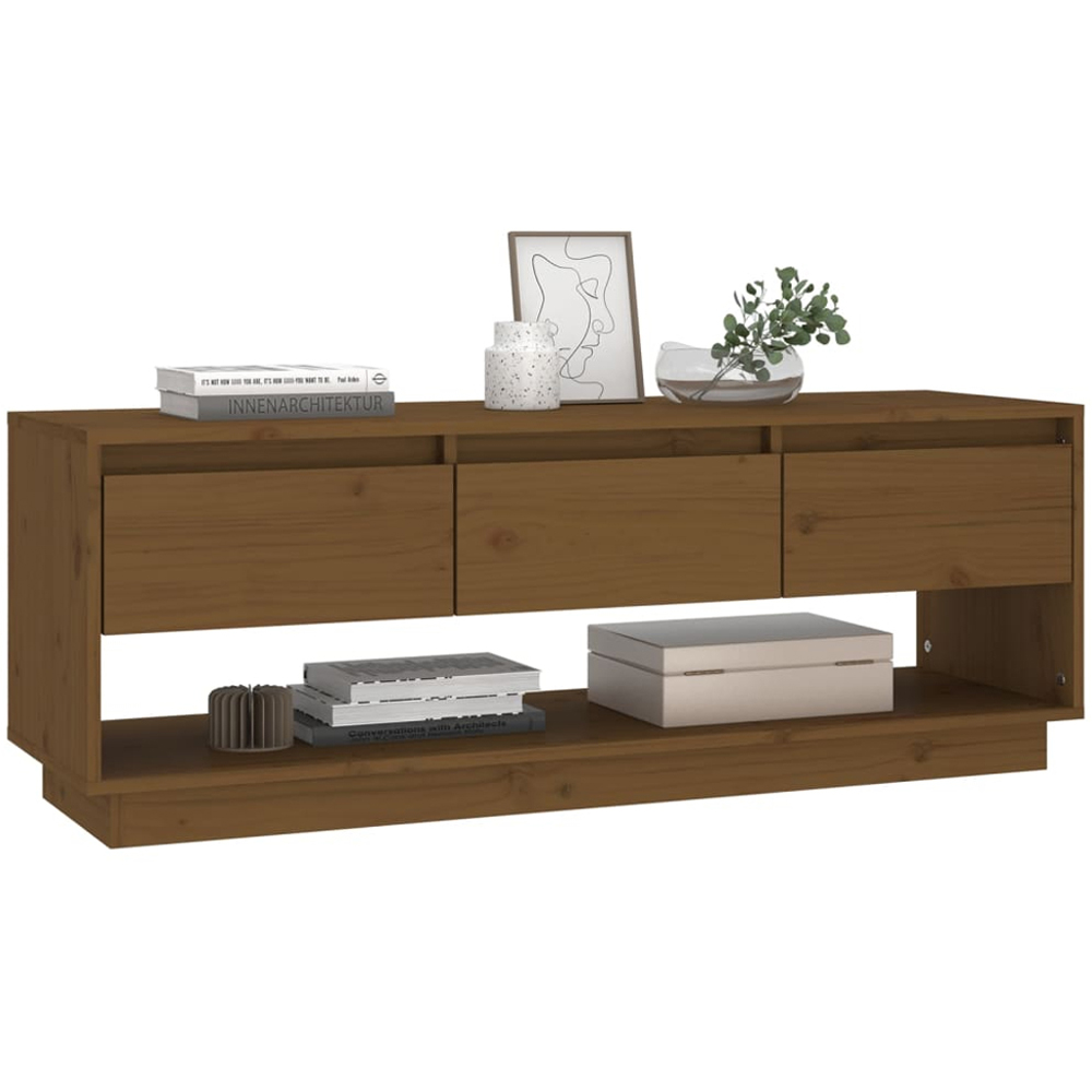 vidaXL 3 Drawer Single Shelf Honey Brown Solid Pine Wood TV Cabinet Image 6