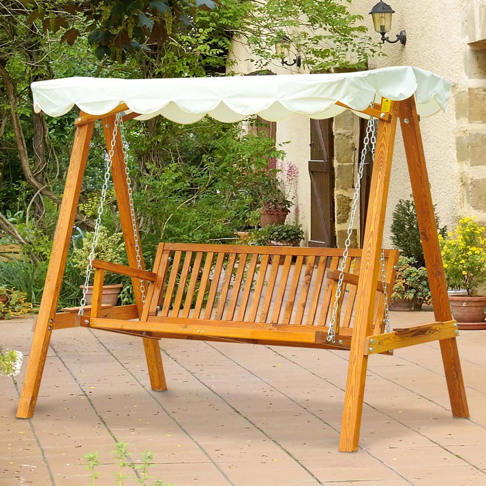 Outsunny 3 Seater Cream White Wooden Swing Bench Image